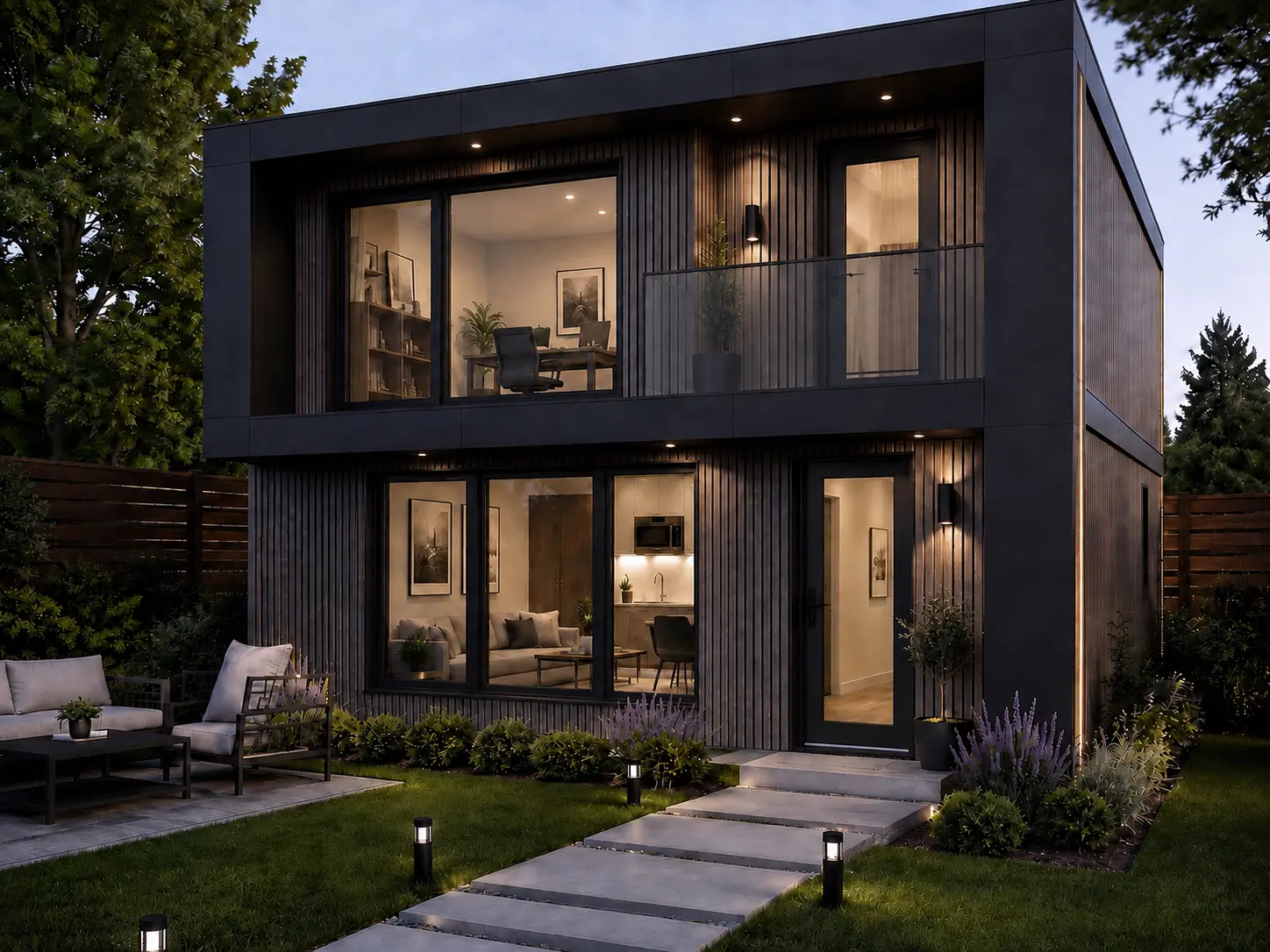 Modern two-storey garden suite exterior at dusk